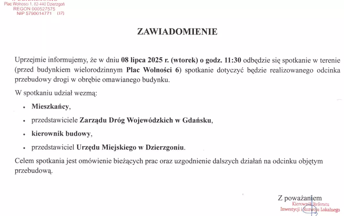 Zdjęcie do Spotkanie w sprawie przebudowy drogi Plac Wolności 6